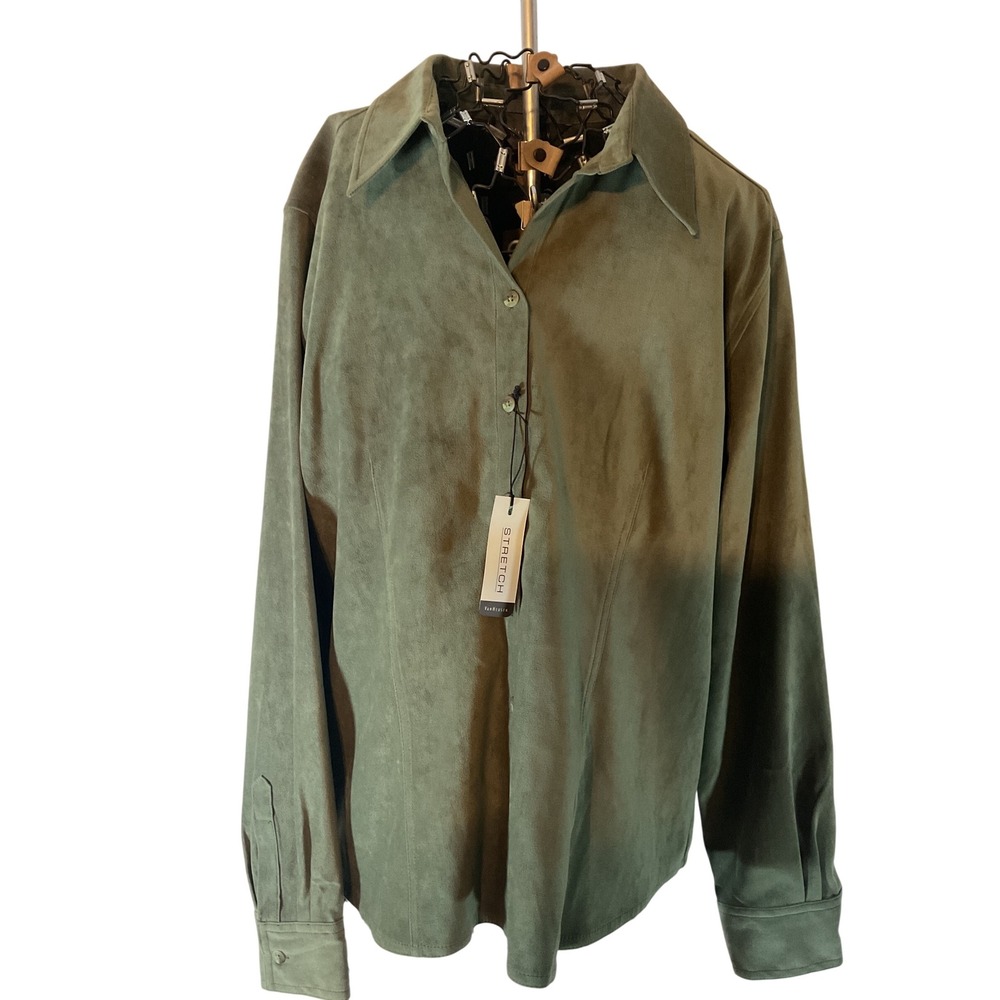 Van Heusen Women Stretch Olive Green Long Sleeve Button Down‎ Shirt Top L
